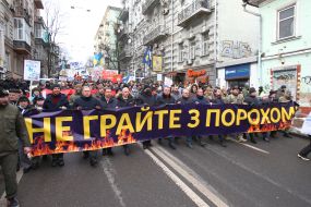 Petro Poroshenko's supporters are marching down the street