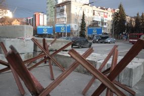 Billboards with the inscription "Russian warship - fuck" on the street in Ivano-Frankivsk