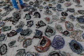 Camouflage net on the square in Uzhgorod