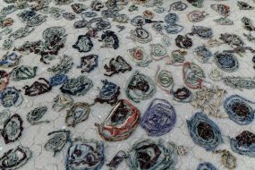 Camouflage net on the square in Uzhgorod