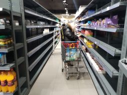 Empty shelves in a supermarket in Kiev