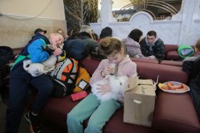 People at the train station in Kyiv