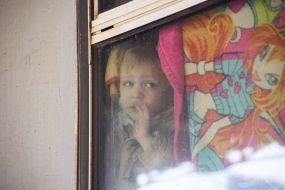 Children in the evacuation train at the train station