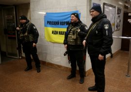 Law enforcement officers at the metro station Palace "Ukraine" in Kiev