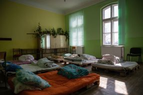 Sleeping places for migrants in the classroom of one of the schools in Drohobych