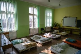 Sleeping places for migrants in the classroom of one of the schools in Drohobych