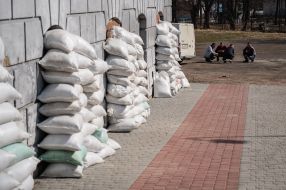 The windows of the first floor in Drohobych are barricaded with sandbags