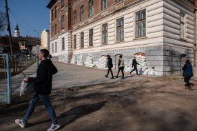 The windows of the first floor in Drohobych are barricaded with sandbags