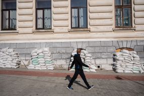 The windows of the first floor in Drohobych are barricaded with sandbags
