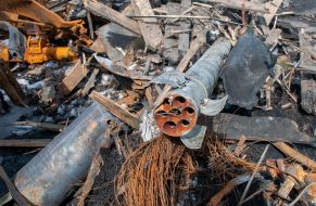 Remains of a rocket after shelling of a residential building in Kharkiv by the Russian military occupiers