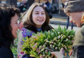 Woman holding tulips