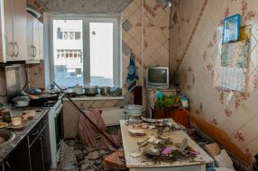 The kitchen in the apartment was damaged as a result of shelling in Kharkiv