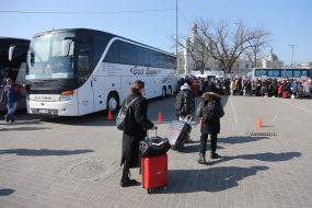 People at the bus station in Lviv