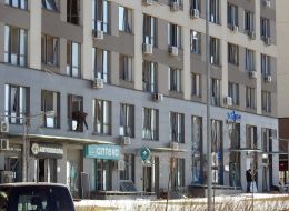 Broken windows in a high-rise building due to the blast wave in Kyiv