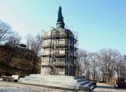 Monument to Volodymyr the Great in a special protective structure on Volodymyrsky Hill in Kyiv