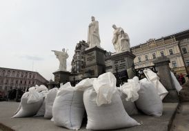 A monument to Princess Olga, St. Andrew the First-Called and the educators Cyril and Methodius lined with sandbags