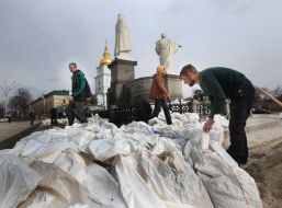 A monument to Princess Olga, St. Andrew the First-Called and the educators Cyril and Methodius lined with sandbags