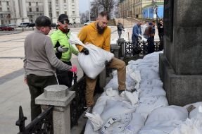 A monument to Princess Olga, St. Andrew the First-Called and the educators Cyril and Methodius lined with sandbags