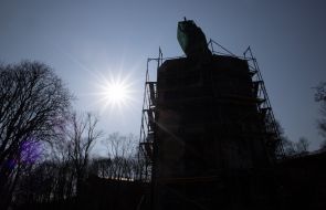 Monument to Volodymyr the Great in a special protective structure on Volodymyrsky Hill in Kyiv