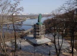Monument to Volodymyr the Great in a special protective structure on Volodymyrsky Hill in Kyiv