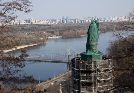Monument to Volodymyr the Great in a special protective structure on Volodymyrsky Hill in Kyiv