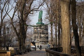 Monument to Volodymyr the Great in a special protective structure on Volodymyrsky Hill in Kyiv