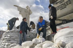 A monument to Princess Olga, St. Andrew the First-Called and the educators Cyril and Methodius lined with sandbags