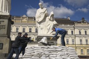A monument to Princess Olga, St. Andrew the First-Called and the educators Cyril and Methodius lined with sandbags