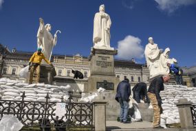 A monument to Princess Olga, St. Andrew the First-Called and the educators Cyril and Methodius lined with sandbags