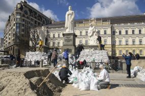 A monument to Princess Olga, St. Andrew the First-Called and the educators Cyril and Methodius lined with sandbags