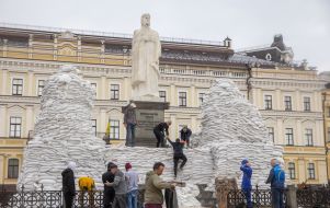 A monument to Princess Olga, St. Andrew the First-Called and the educators Cyril and Methodius lined with sandbags