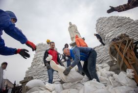 A monument to Princess Olga, St. Andrew the First-Called and the educators Cyril and Methodius lined with sandbags