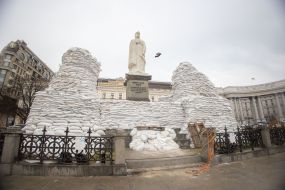 A monument to Princess Olga, St. Andrew the First-Called and the educators Cyril and Methodius lined with sandbags