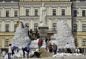 A monument to Princess Olga, St. Andrew the First-Called and the educators Cyril and Methodius lined with sandbags