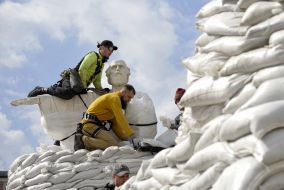 A monument to Princess Olga, St. Andrew the First-Called and the educators Cyril and Methodius lined with sandbags