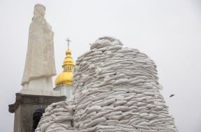 A monument to Princess Olga, St. Andrew the First-Called and the educators Cyril and Methodius lined with sandbags