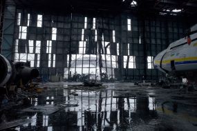 Hangar with the destroyed An-225 "Dream" plane in Gostomel