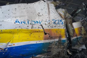 Hangar with the destroyed An-225 "Dream" plane in Gostomel