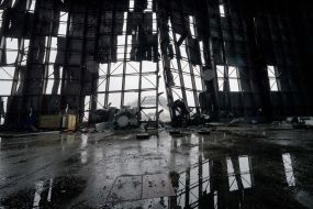 Hangar with the destroyed An-225 "Dream" plane in Gostomel