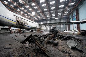 Hangar with the destroyed An-225 "Dream" plane in Gostomel
