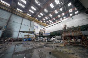 Hangar with the destroyed An-225 "Dream" plane in Gostomel