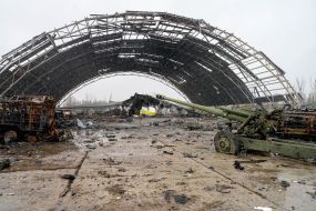 Hangar with the destroyed An-225 "Dream" plane in Gostomel