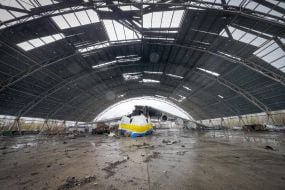 Hangar with the destroyed An-225 "Dream" plane in Gostomel