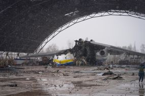 Hangar with the destroyed An-225 "Dream" plane in Gostomel