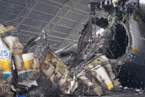 Hangar with the destroyed An-225 "Dream" plane in Gostomel