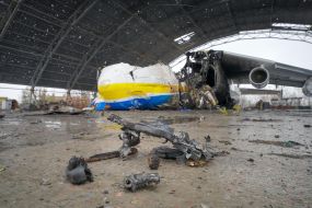 Hangar with the destroyed An-225 "Dream" plane in Gostomel
