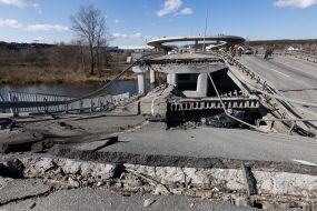 Destroyed bridge over the river Irpin