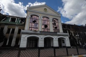 Destroyed building as a result of shelling and explosions in Bucha