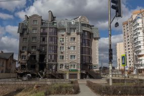A residential building was destroyed as a result of shelling and explosions in Bucha