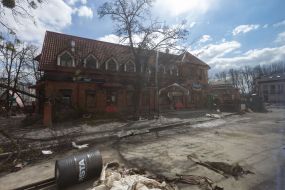 Destroyed building as a result of shelling and explosions in Bucha